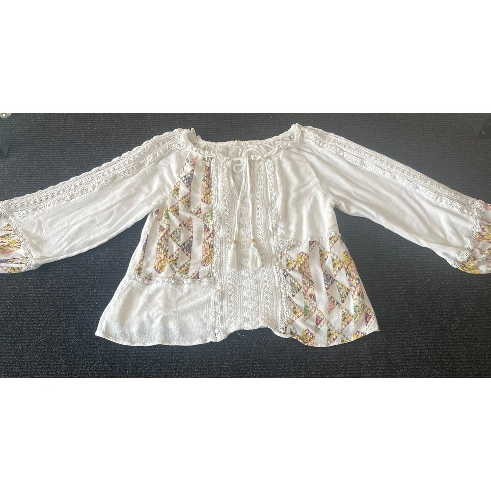 Miss Me White Boho Peasant Top Lace Patchwork Tassel Blouse Small